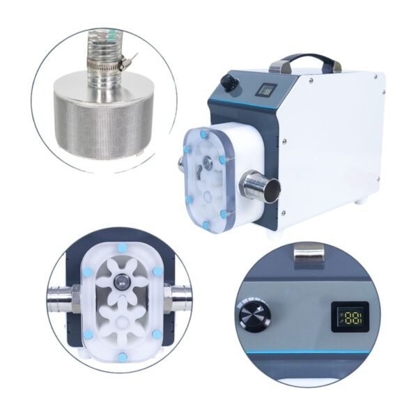 Detail views showing 100-mesh filter, sanitary gear pump head, and digital speed display