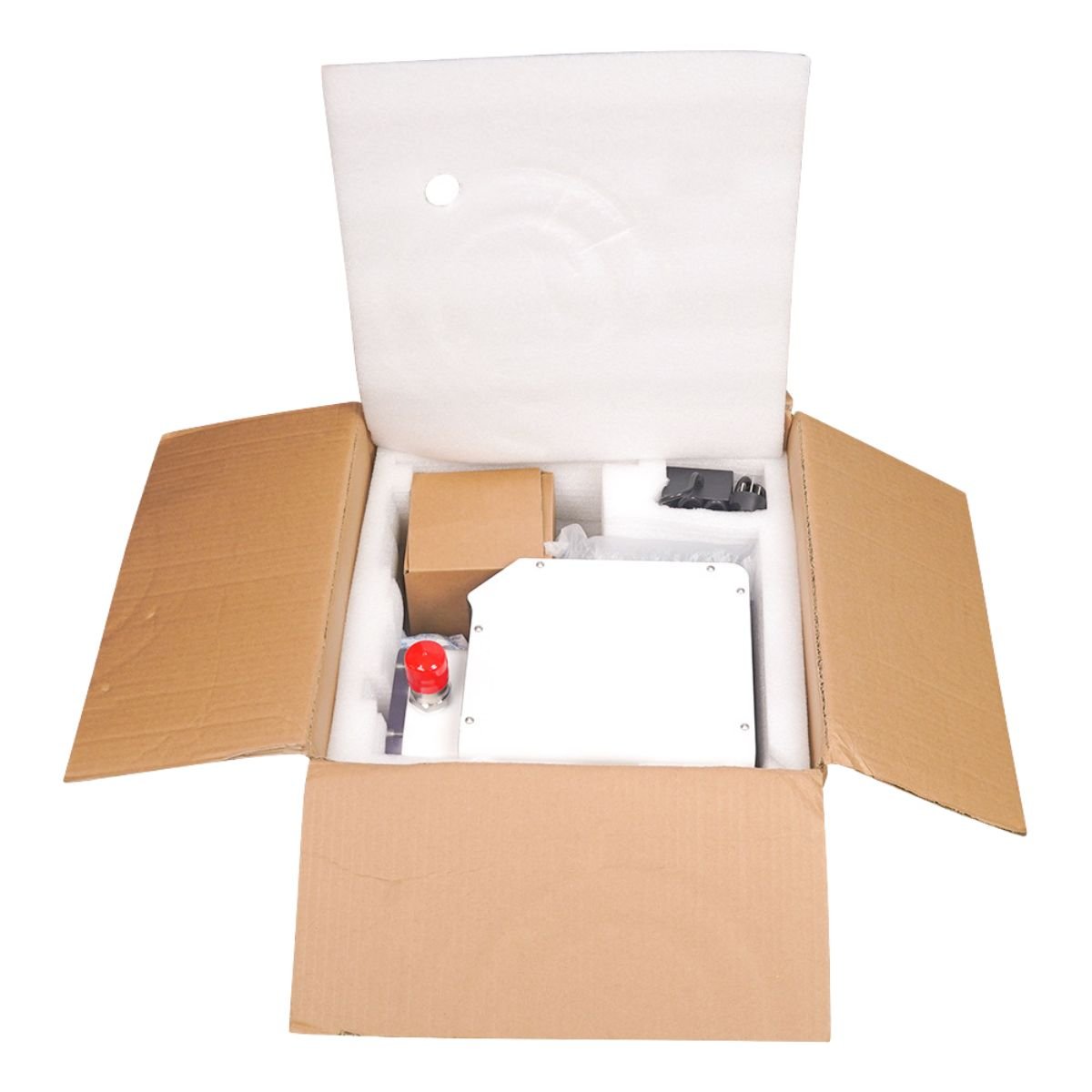 Export packaging of honey filter transfer pump with foam inserts and accessories for safe shipping