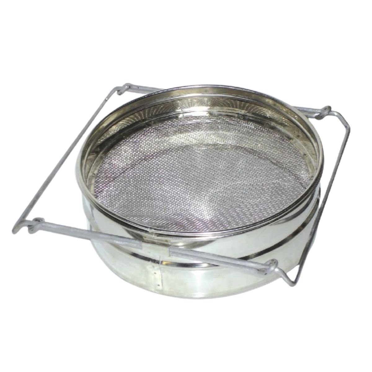 Underside view of stainless steel honey strainer showing fine food grade honey filter mesh, universal bucket arms folded flat, and locking clip