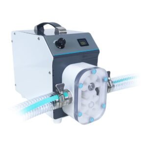 Honey filter transfer pump front view with clear gear head, speed knob and food-grade hoses, 120W