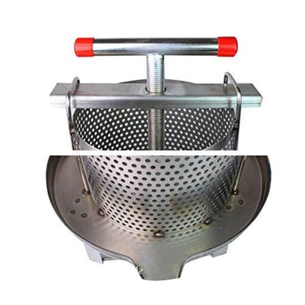 Honey press dimensions 56×24 cm, 28 cm basket, 16 cm base, 24 cm handle — 304 stainless