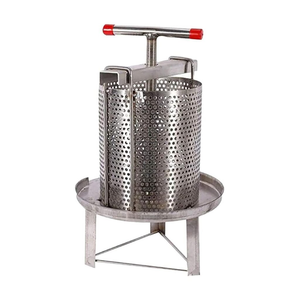 Perforated 304 stainless basket and drain area of manual honey press for crush-and-strain — BuzzBeeEquip