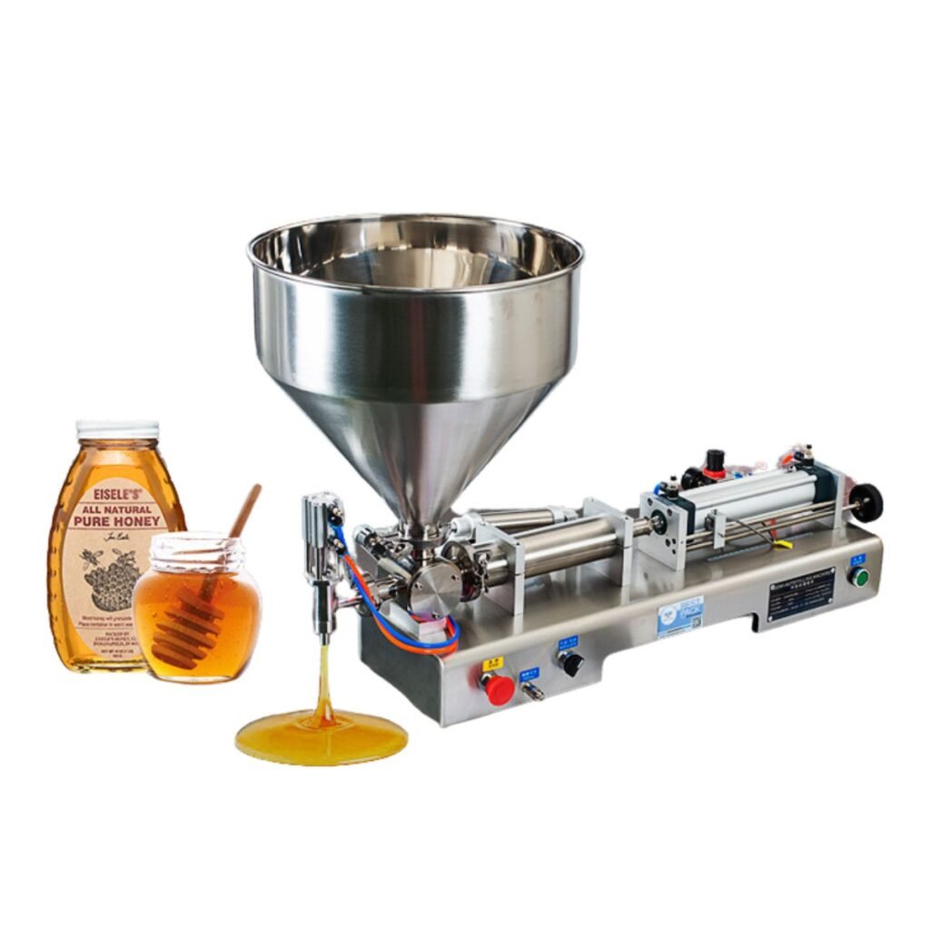 BuzzBeeEquip BBE-HFM-01 horizontal automatic pneumatic honey filling machine with anti-drip nozzle dosing 50–500 ml; 304 stainless, ±1% accuracy