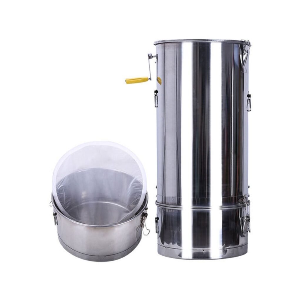 Manual 2-frame honey extractor, 304 stainless steel, split body with integrated filter bucket, 35×82 cm, ~15 kg capacity
