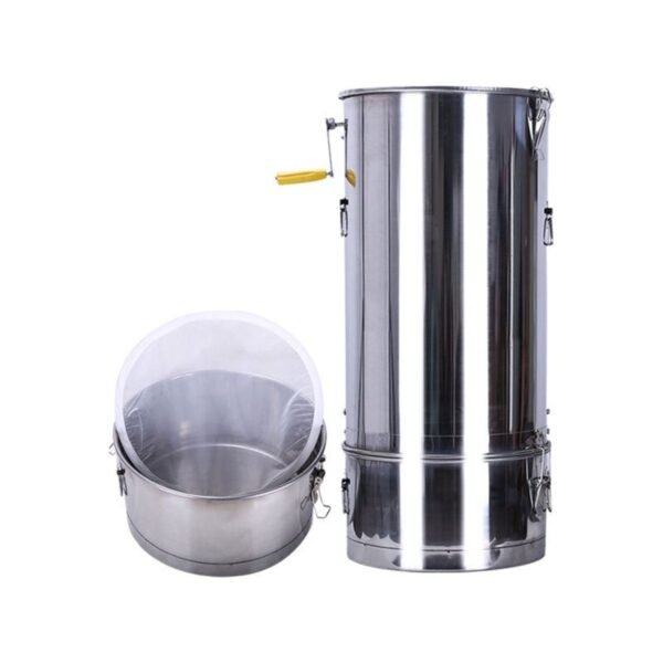 Manual 2-frame honey extractor, 304 stainless steel, split body with integrated filter bucket, 35×82 cm, ~15 kg capacity
