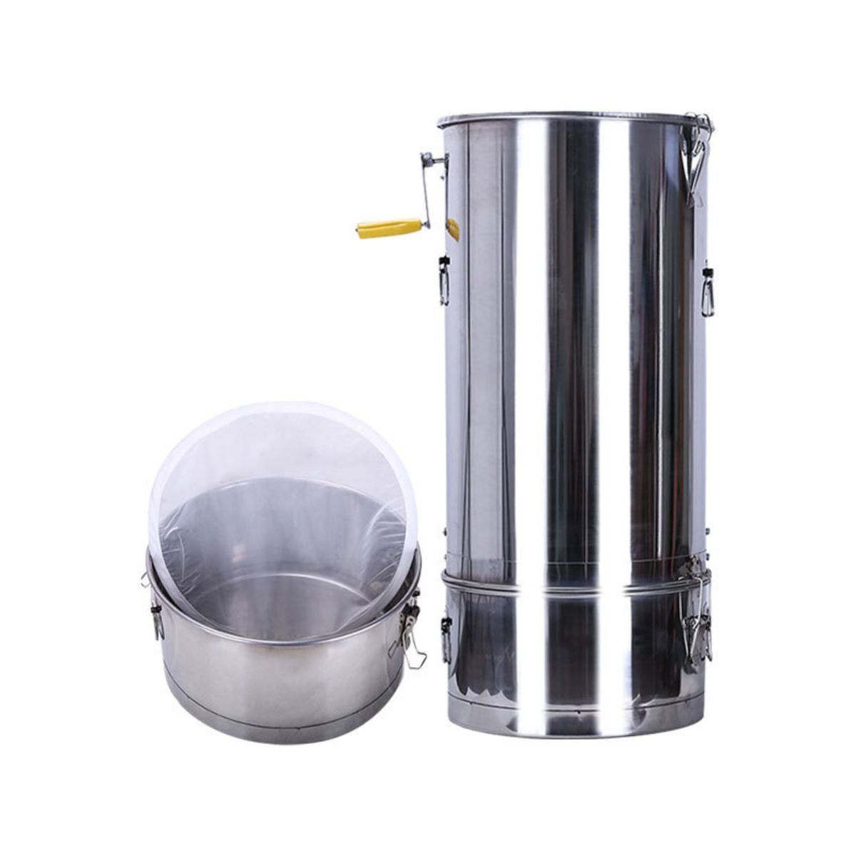 Manual 2-frame honey extractor, 304 stainless steel, split body with integrated filter bucket, 35×82 cm, ~15 kg capacity