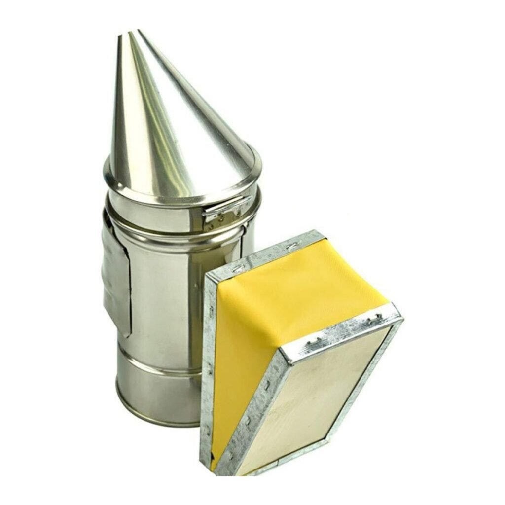 Front view of mini beekeeping smoker, stainless steel barrel with yellow bellows — BBE-HBS-01 training apiary smoker