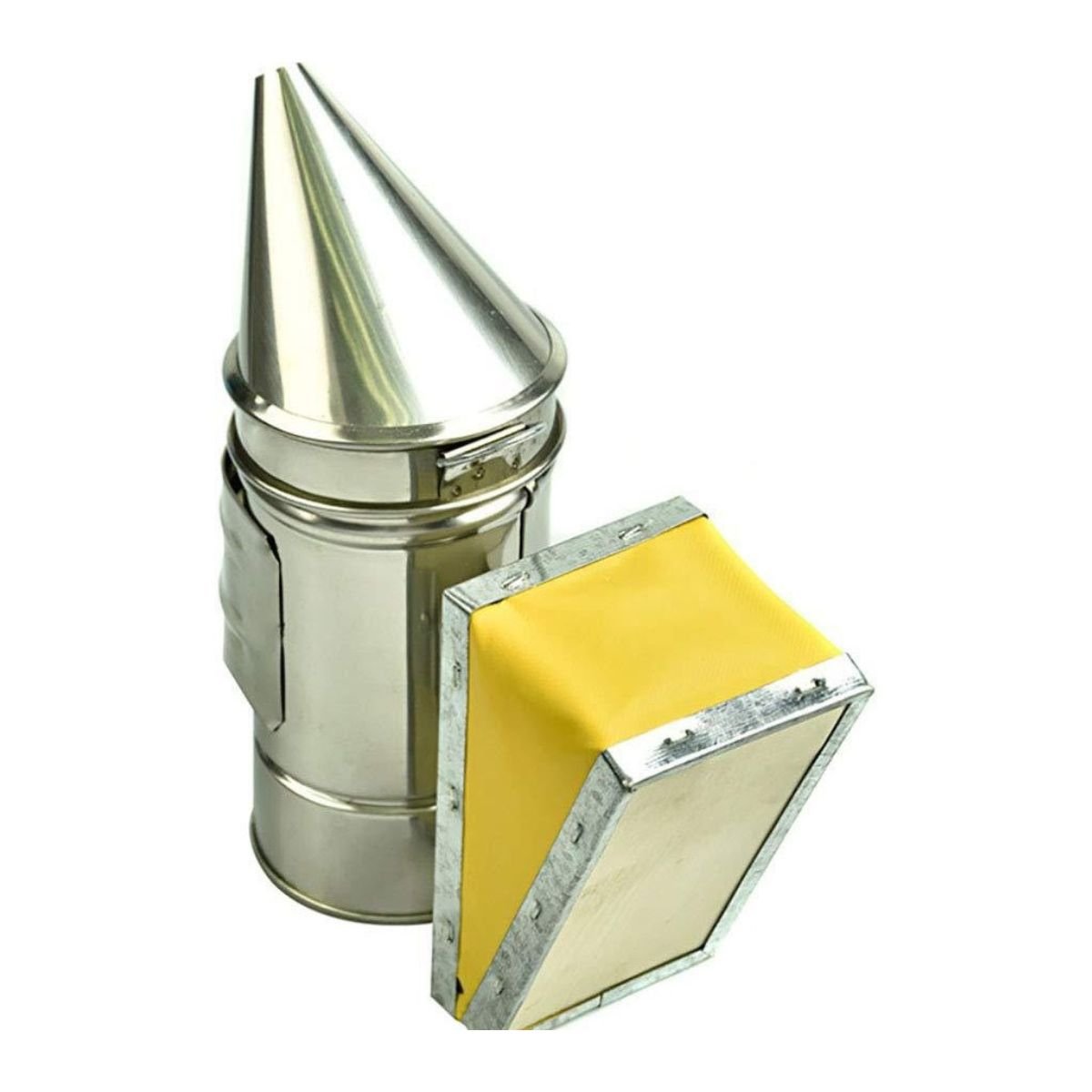 Front view of mini beekeeping smoker, stainless steel barrel with yellow bellows — BBE-HBS-01 training apiary smoker