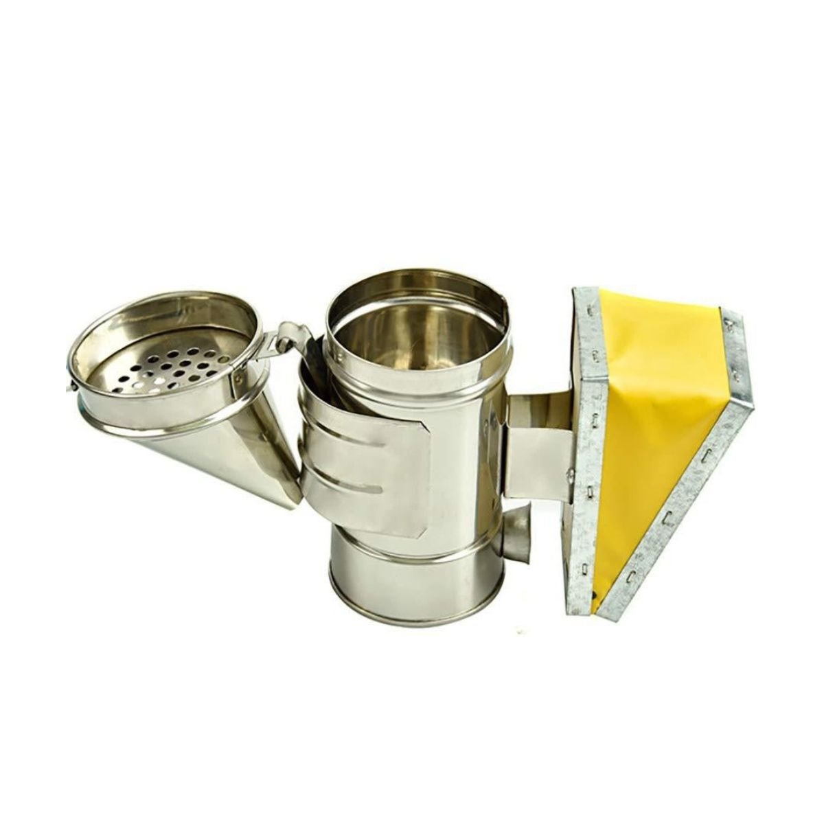 Open lid showing perforated grate and combustion chamber on mini stainless steel bee smoker — BBE-HBS-01 manual beekeeping smoker