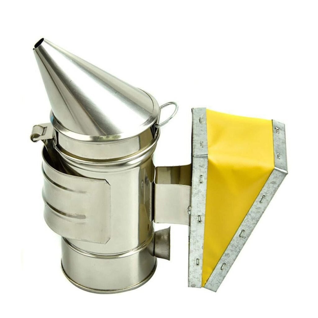 Mini stainless steel bee smoker with yellow cowhide bellows and heat shield, side view — model BBE-HBS-01, BuzzBeeEquip