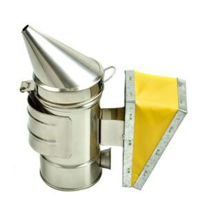 Mini stainless steel bee smoker with yellow cowhide bellows and heat shield, side view — model BBE-HBS-01, BuzzBeeEquip