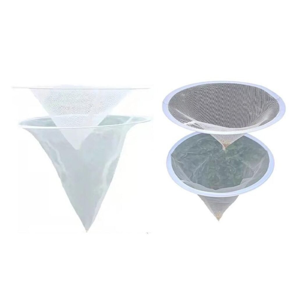 Two-stage cone honey filter; exploded view shows upper 10-mesh coarse screen and lower 150-mesh polishing cone
