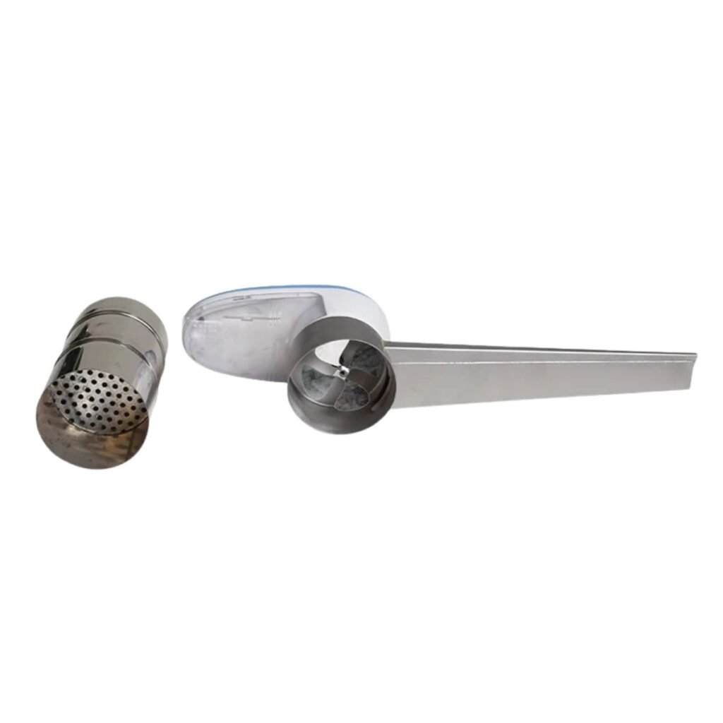 Disassembled oxalic acid vaporizer with removable stainless barrel and internal fan, easy-clean beekeeping mite control tool