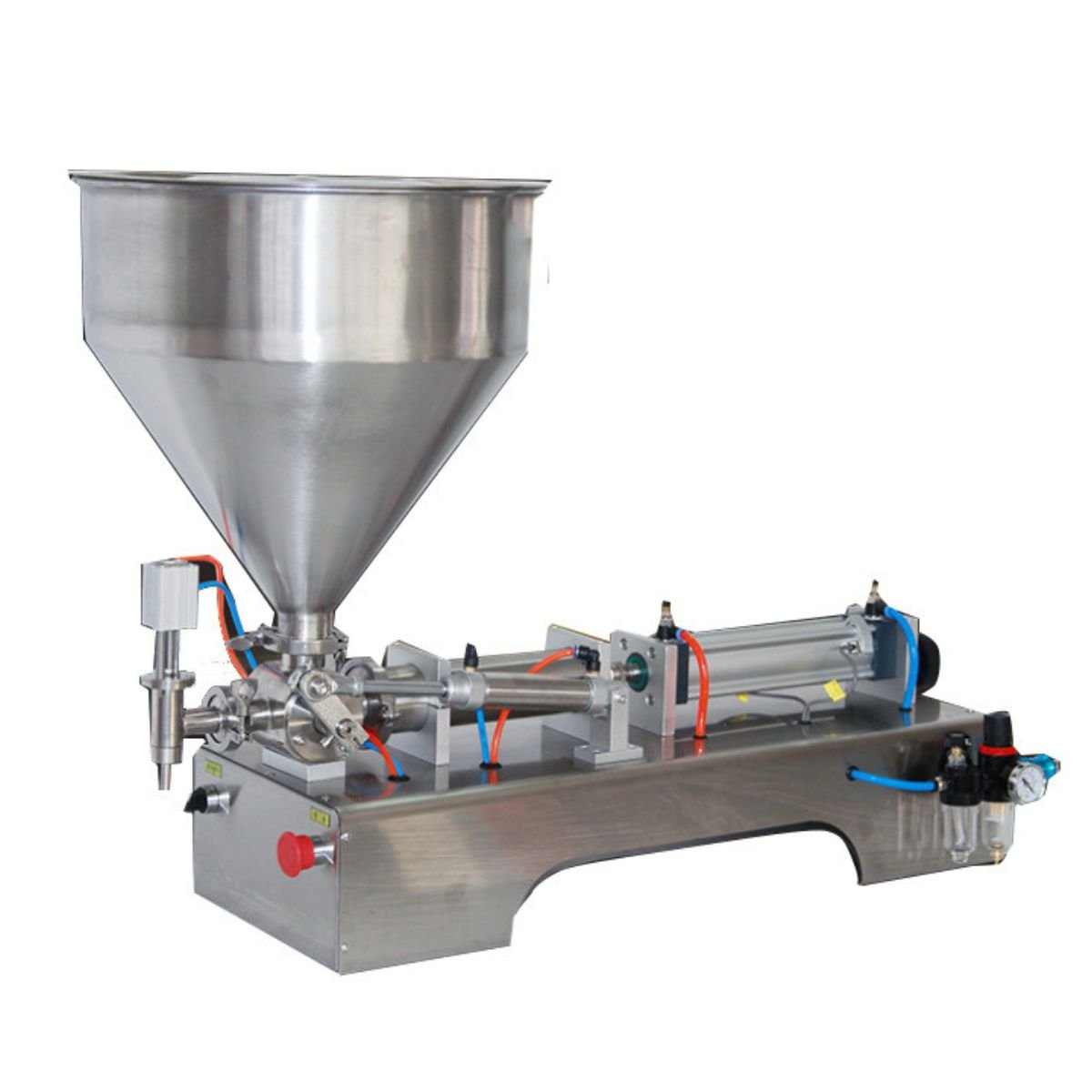 BuzzBeeEquip BBE-ESHF-01 semi-automatic honey filling machine, 304 stainless single-head piston with large hopper, 3–1000 ml, ≤1%