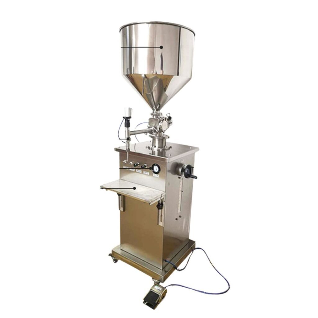 Vertical semi-automatic honey jar filling machine with 304 SS hopper, piston nozzle, adjustable shelf and foot pedal control