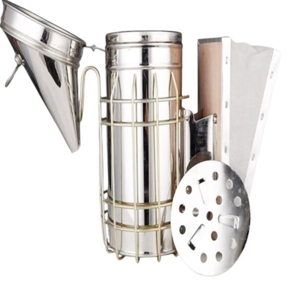 BuzzBeeEquip BBE-HBS-02 stainless steel bee smoker, open lid with conical spout, wire heat guard, draft plate and wooden bellows, 28×10.4 cm
