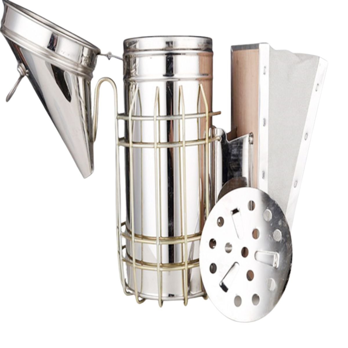 BuzzBeeEquip BBE-HBS-02 stainless steel bee smoker, open lid with conical spout, wire heat guard, draft plate and wooden bellows, 28×10.4 cm