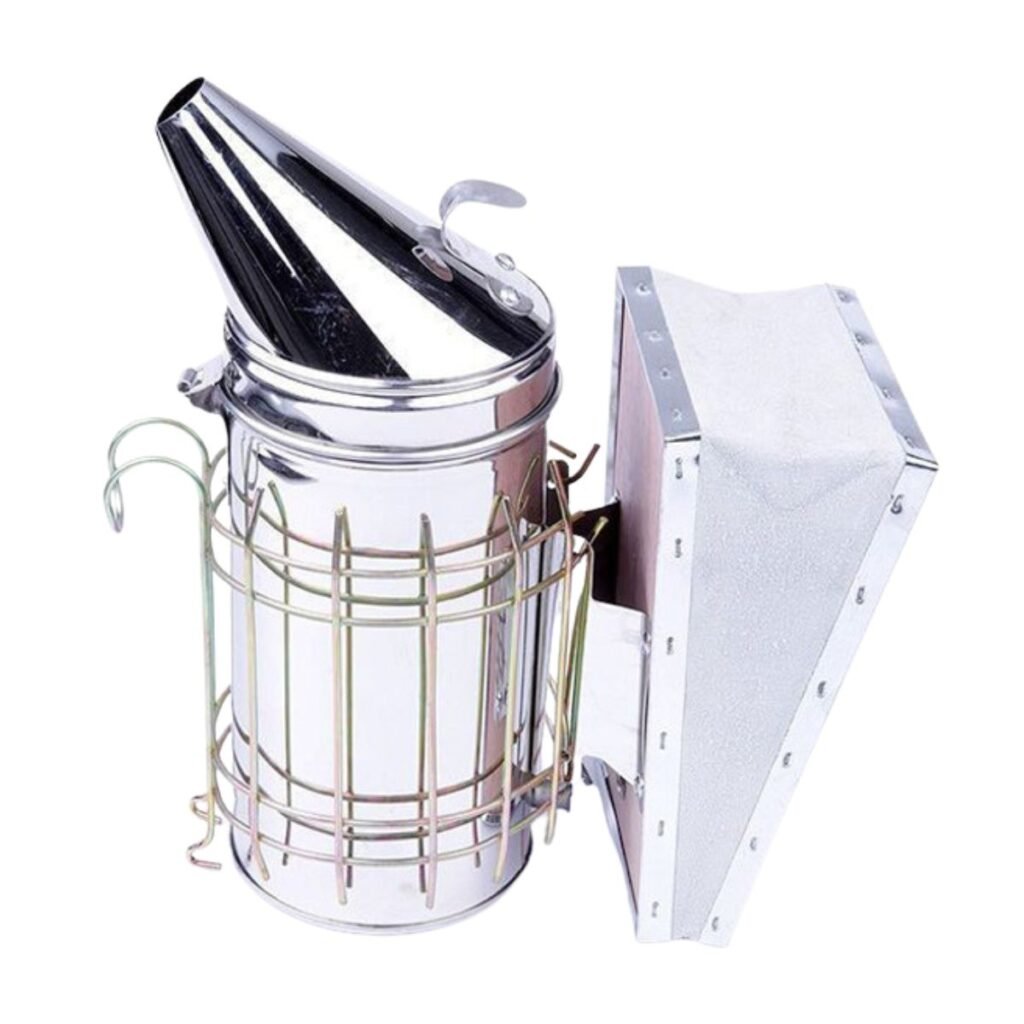 BuzzBeeEquip BBE-HBS-03 stainless steel bee smoker, 28 cm height × 10 cm diameter, protective heat guard and cowhide bellows