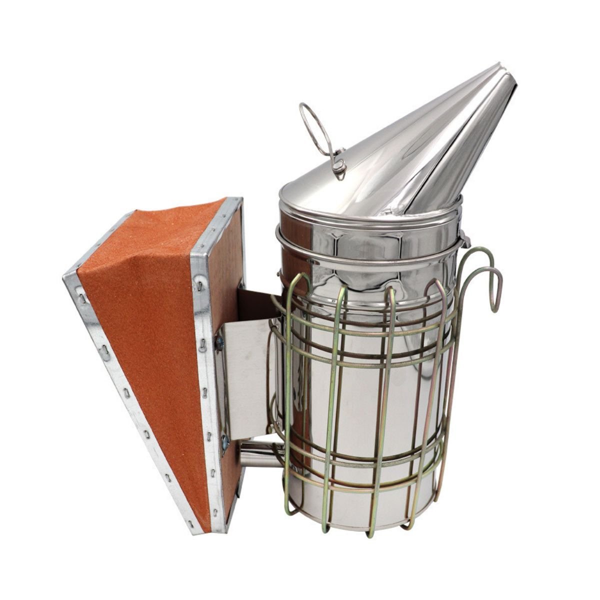 Stainless steel beehive smoker with wire heat guard and brown cowhide bellows — BuzzBeeEquip model BBE-HBS-01