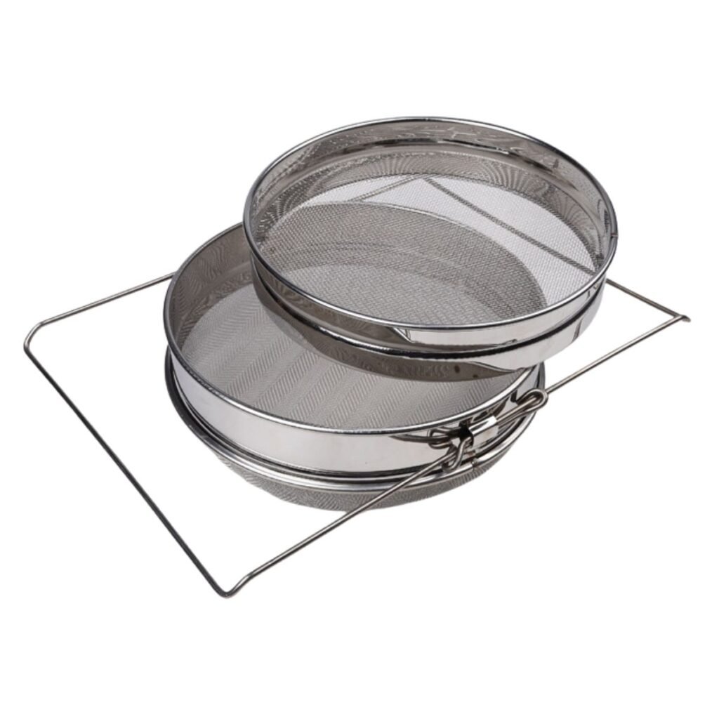 Double sieve honey strainer with two screens & fixed ring