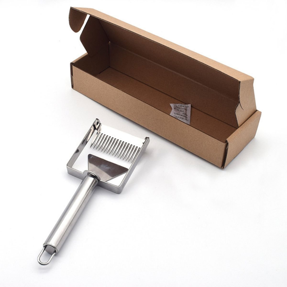 Stainless steel uncapping fork, 304 food-grade, adjustable tilt head with retail paper box, model BBE-UF-01, size 24×7.5 cm