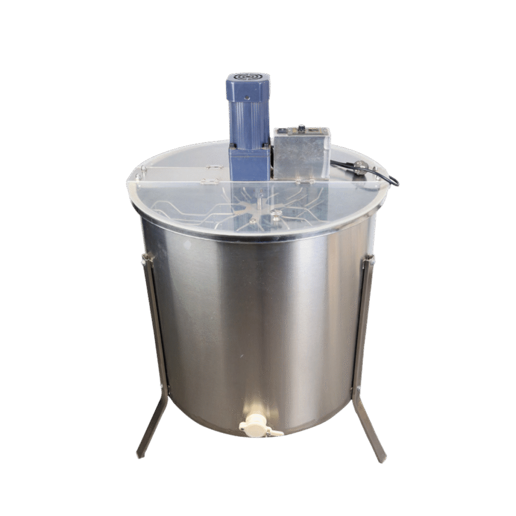 Electric honey extractor with variable-speed motor and radial basket spinning Langstroth frames inside a food-grade 304 stainless drum, honey flowing to the gate