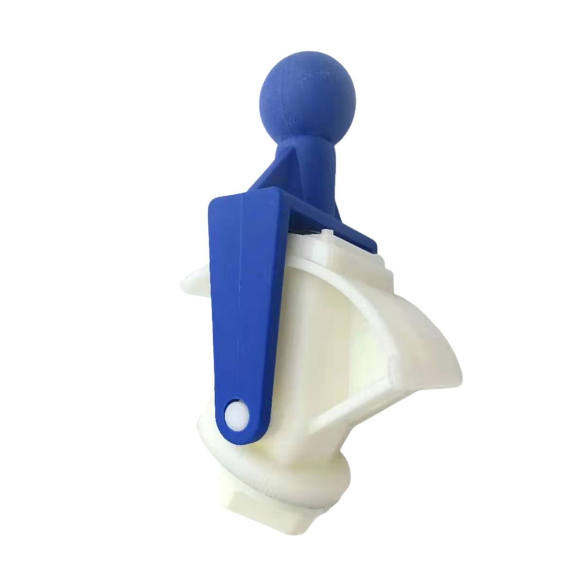 Ergonomic honey gate, ABS, blue handle, 48 mm, angled view showing piston seat