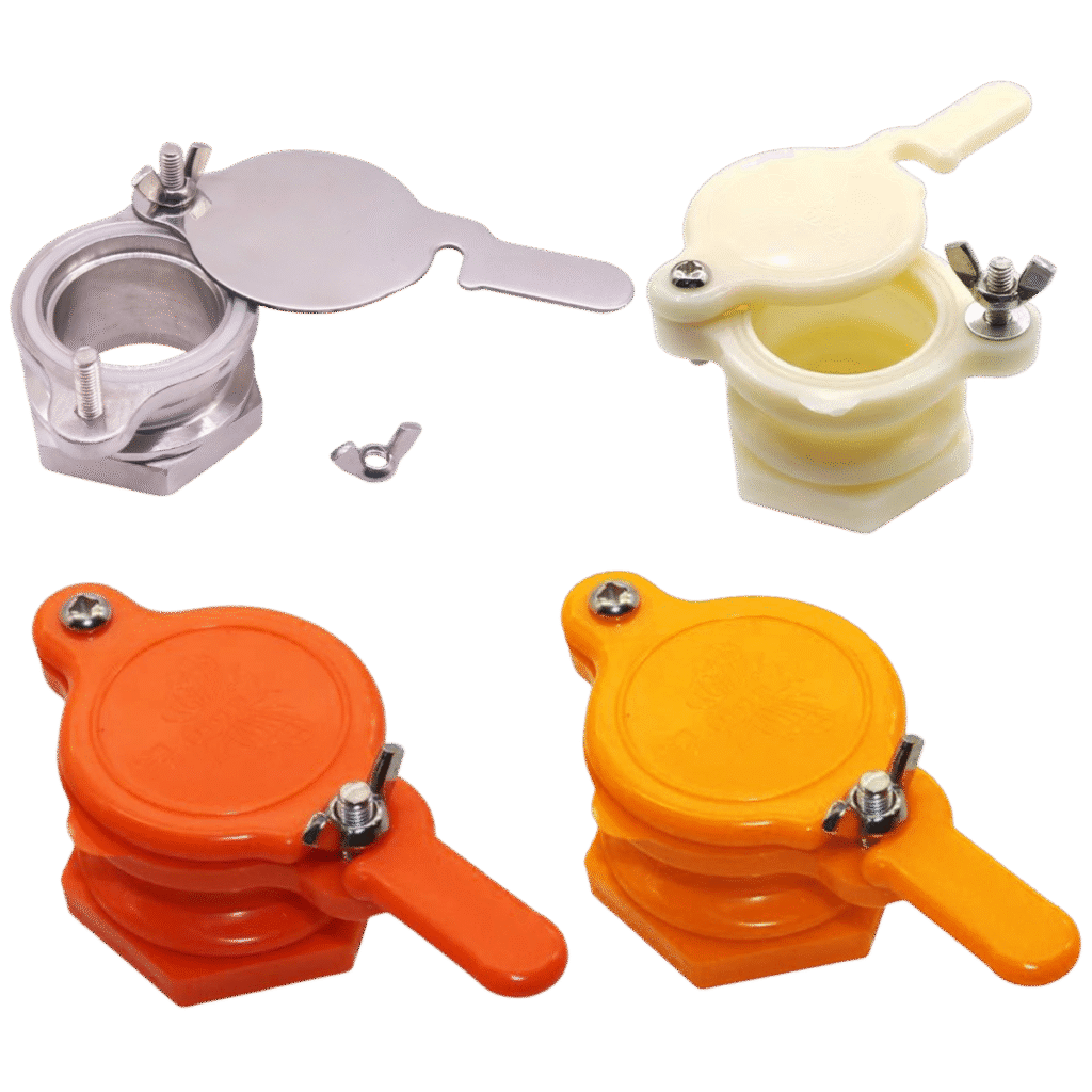 Assorted honey gate valves for beekeeping—304 stainless steel and food-grade plastic gates with wing-nut clamps for extractor buckets and bottling tanks