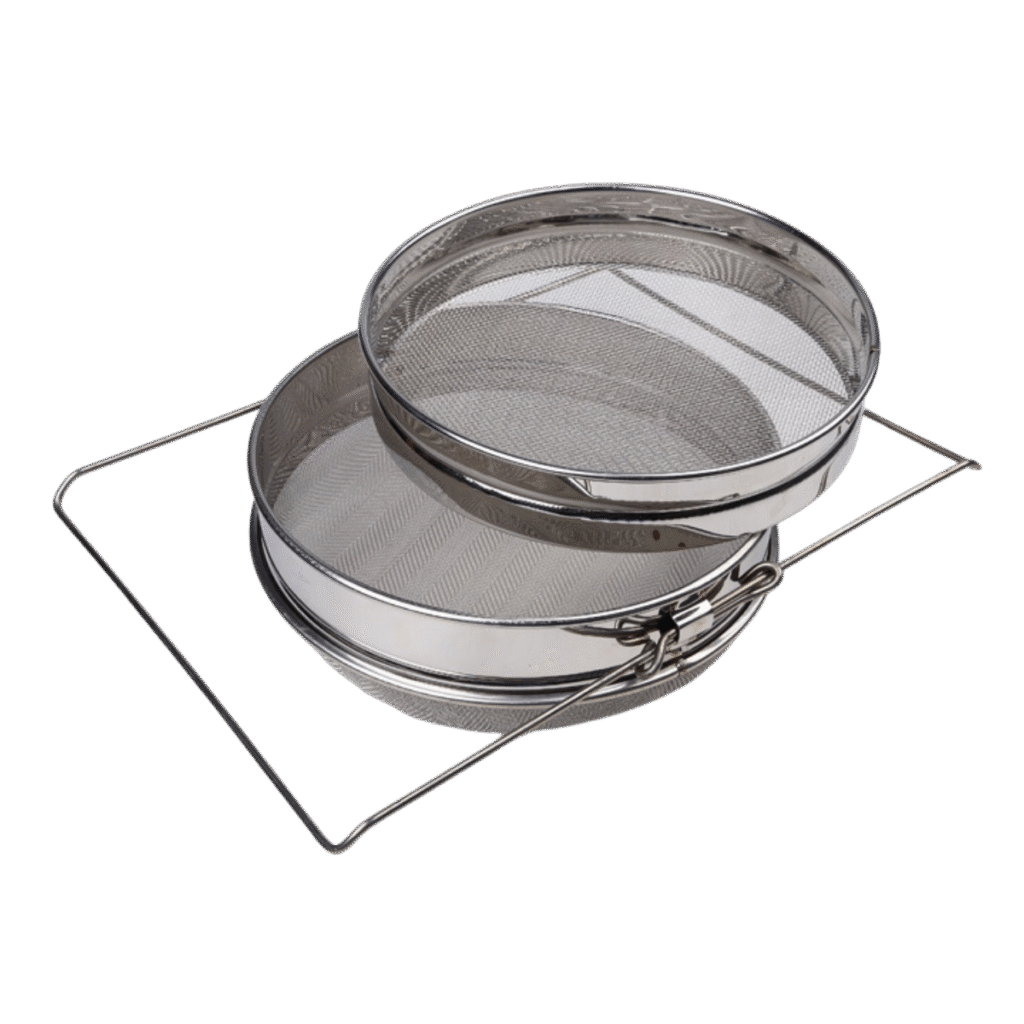 Honey strainers and filters from manufacturer, food-grade 304 stainless steel mesh filtering raw honey into a settling tank