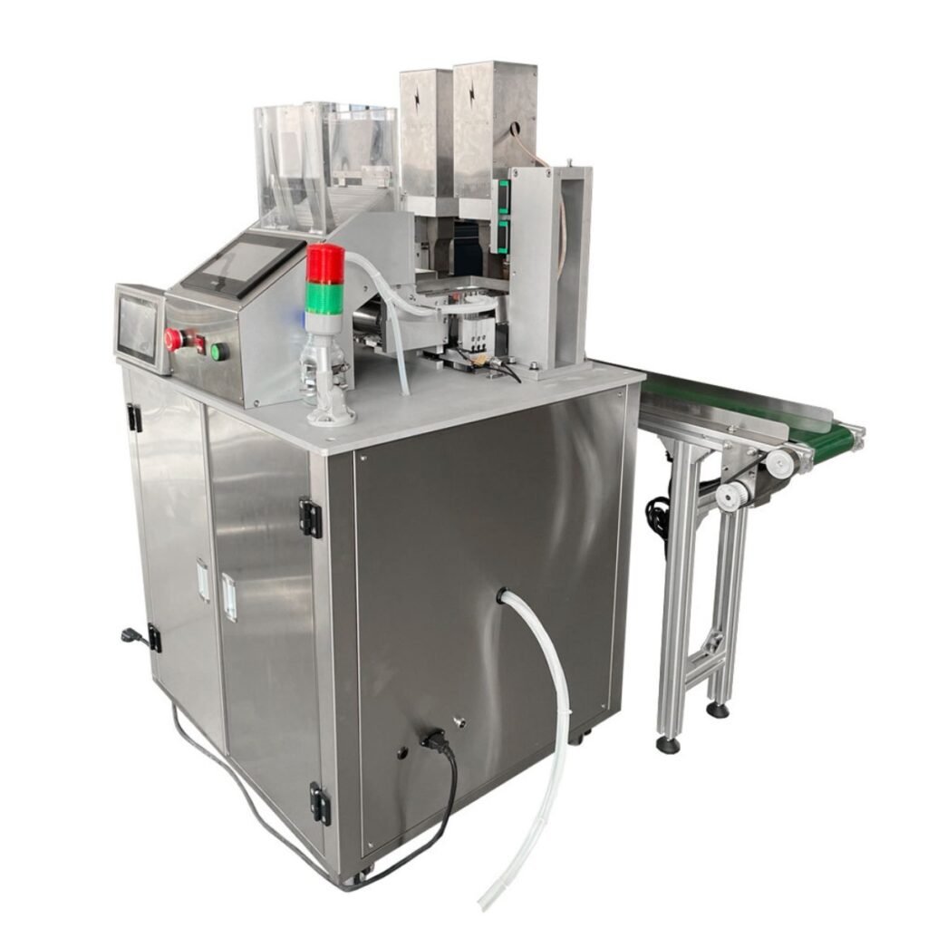Honey straw filling machine with discharge conveyor, six-head dosing manifold, up to 3000 sticks per hour