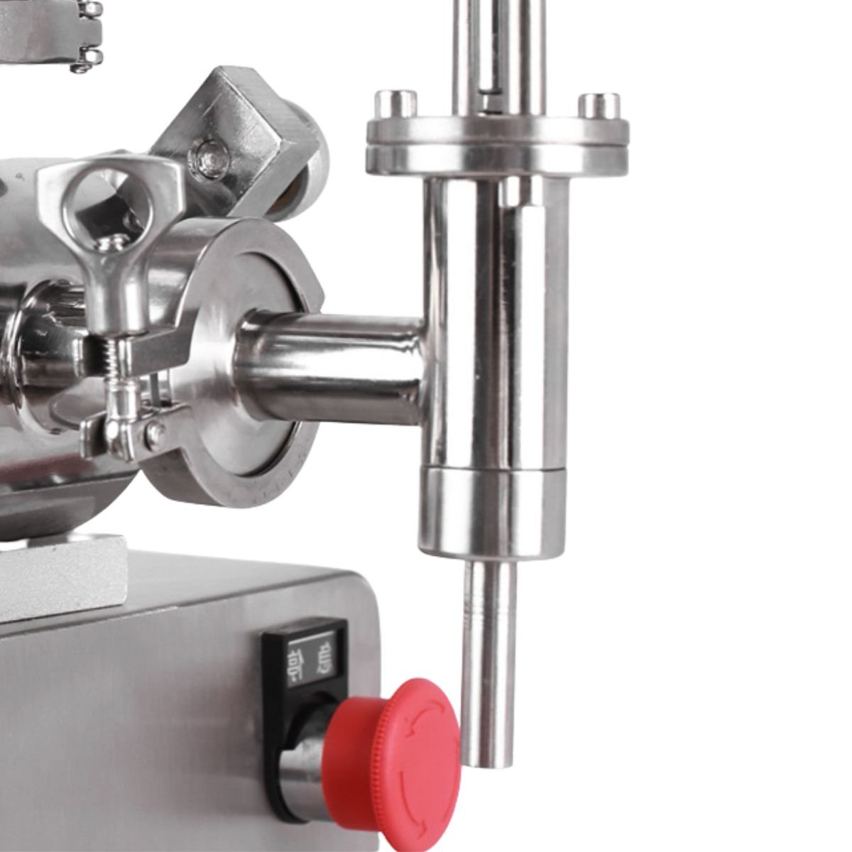 No-drip shutoff filling nozzle and emergency stop on BBE-PSHF-02 semi-automatic honey and paste filler