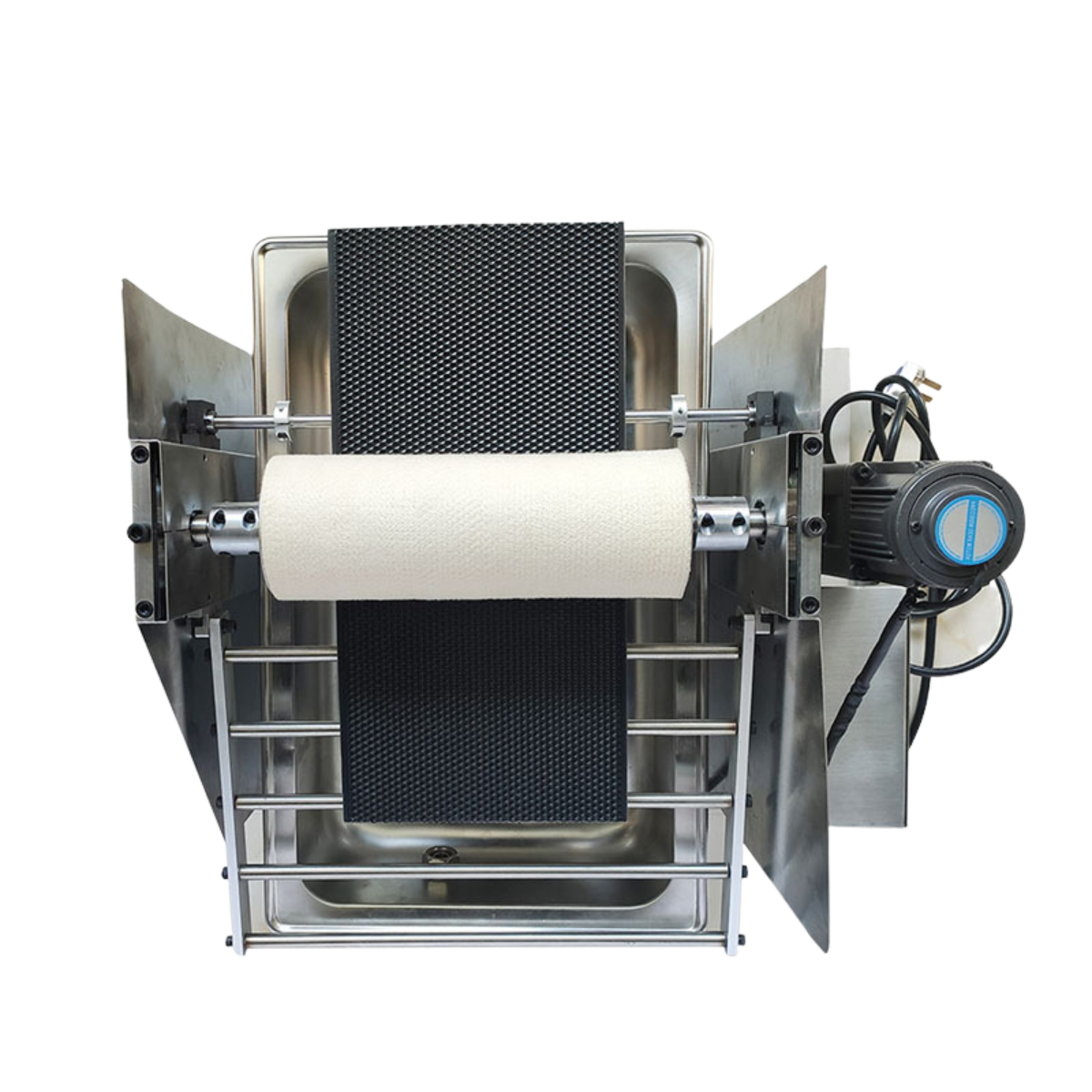 Plastic comb foundation wax applicator BBE-CFWA-03, front view; heated rollers and 9L stainless tray for fast plastic foundation coating.