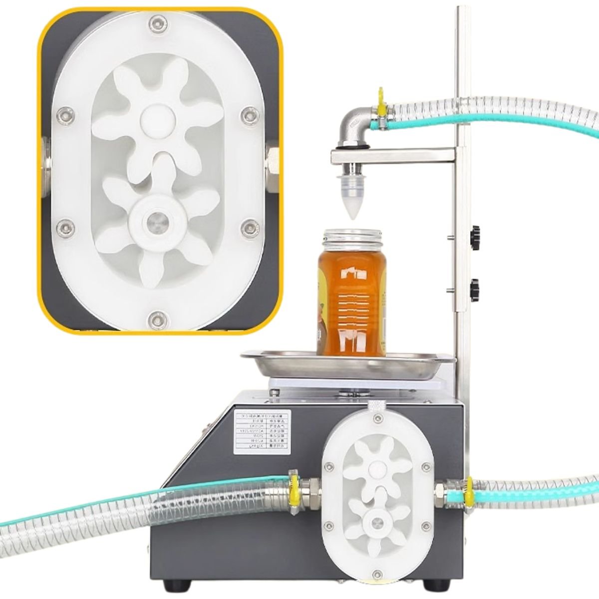 Side view of BuzzBeeEquip automatic honey filler showing food-grade plastic gear-pump module and hose connections for viscous liquids
