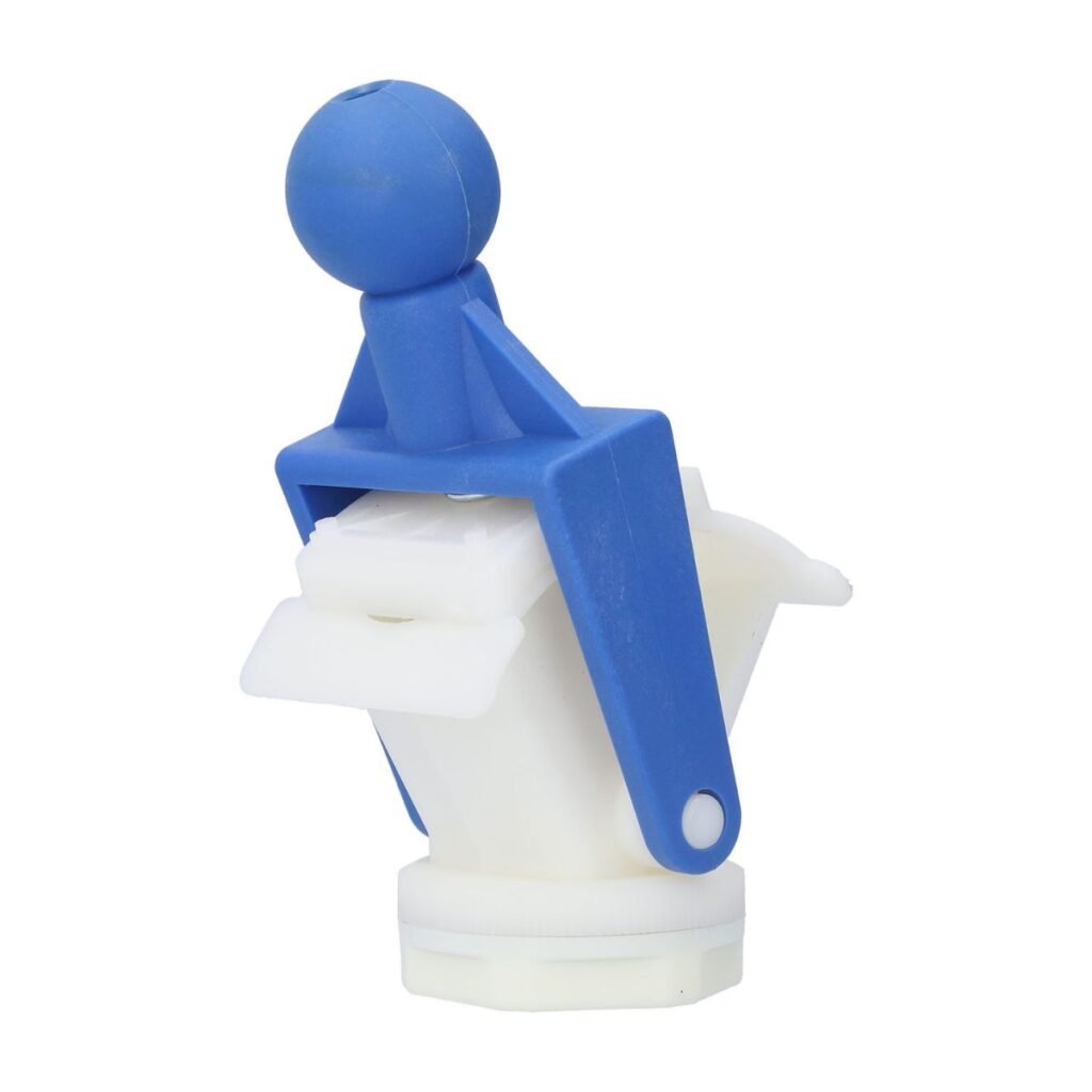 Plunger plastic honey gate, ABS, 48 mm, blue handle side view, spring loaded valve for bottling buckets