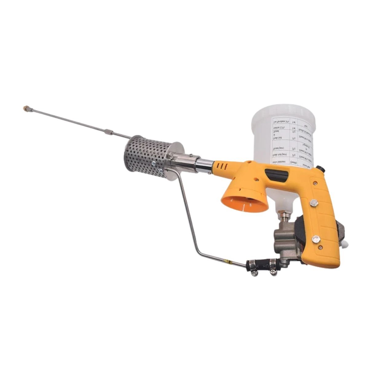 Propane bee fogger with long lance and perforated burner guard producing 15–18 micron droplets for hive fumigation.