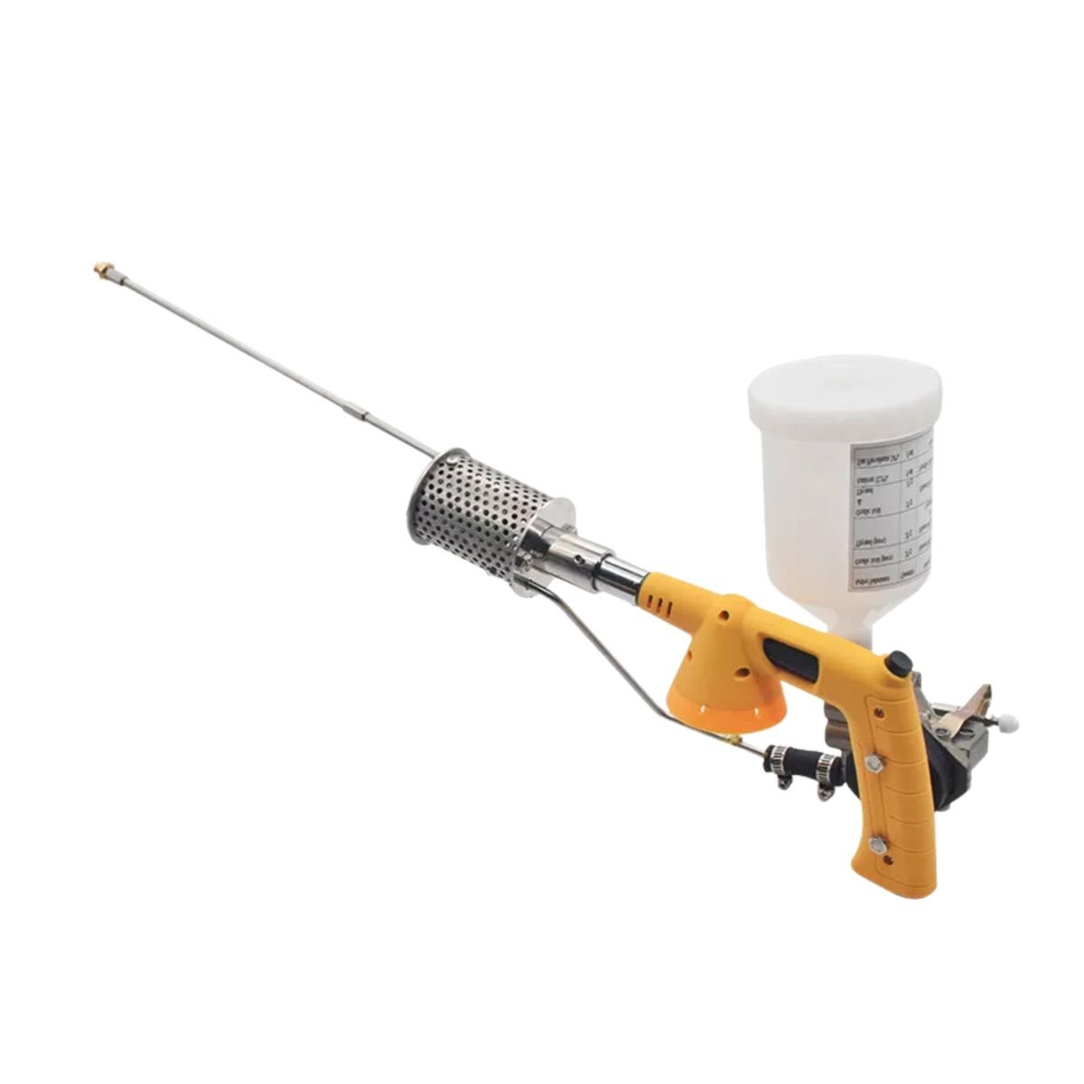 Varomor-style propane bee fogger showing detachable nozzle, perforated heat shield, and removable dosing tank.