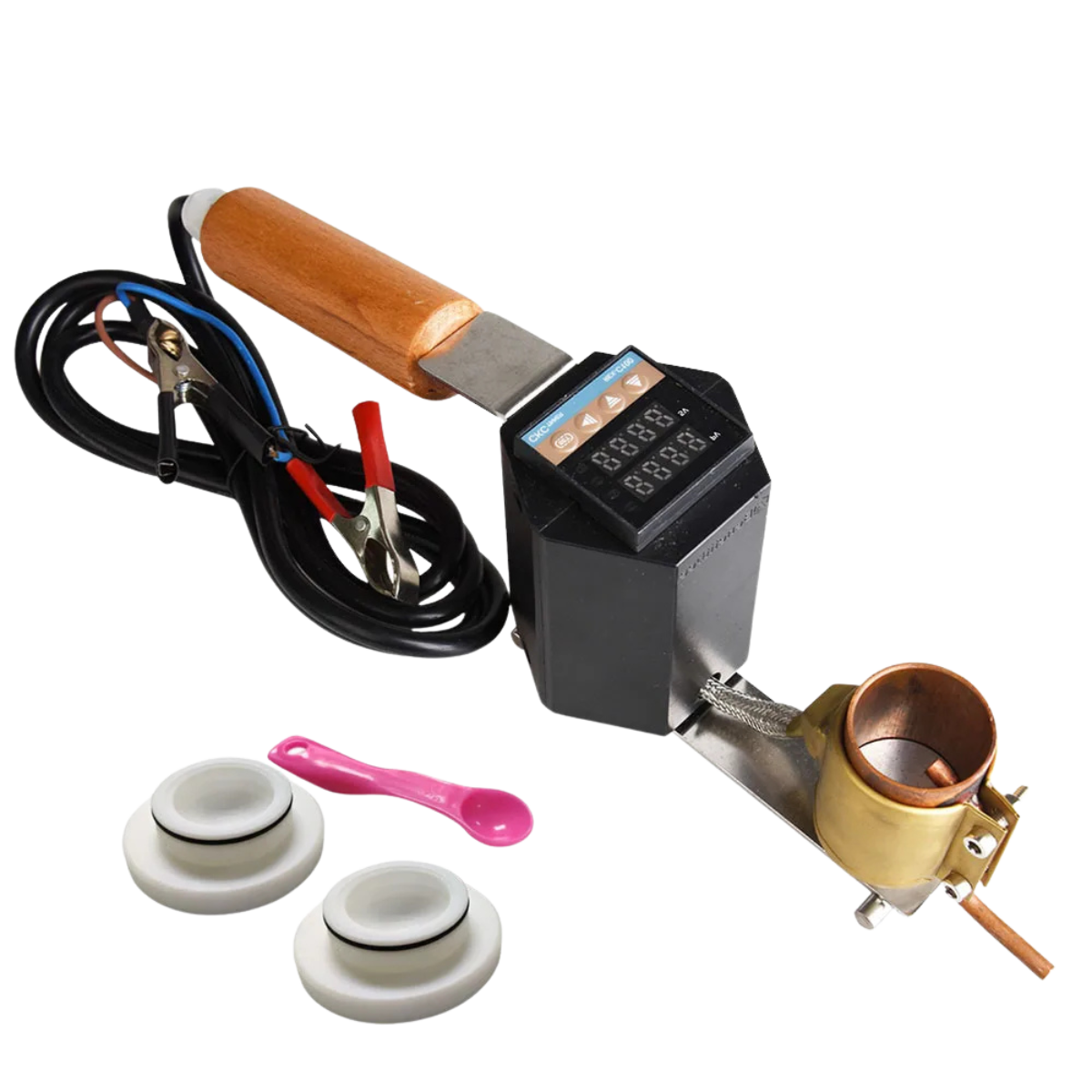 Alligator Clip Oxalic Acid Vaporizer with 12V battery clips, copper bowl, dosing lids and pink scoop — BuzzBeeEquip BBE-PC09-2