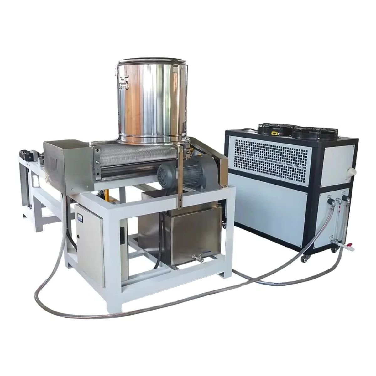 Rear angle of automatic beeswax foundation machine BBE-BWF-3 paired with external cooling chiller unit to control roller temperature during beeswax embossing.