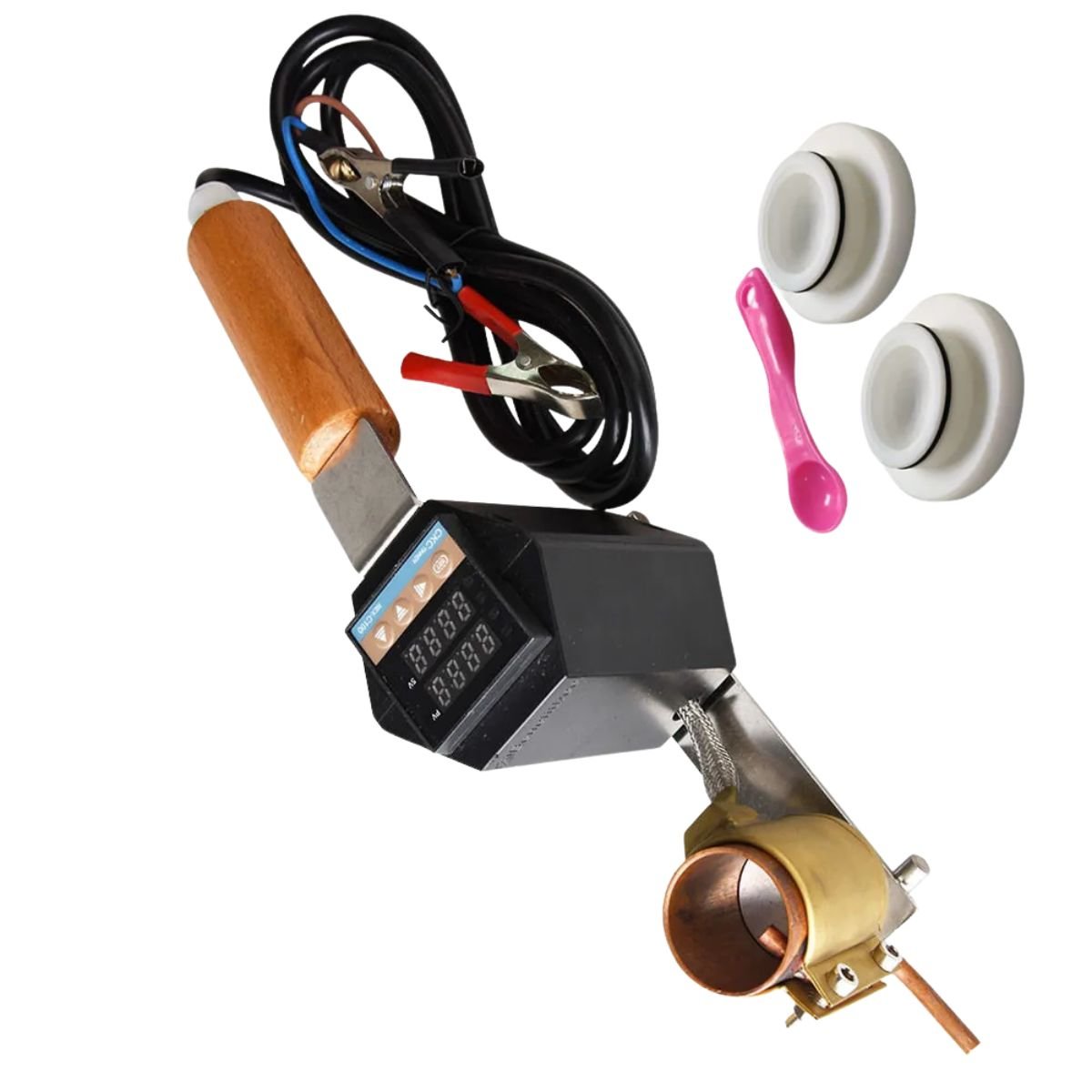 Battery Clip Oxalic Atomizer showing digital controller, wood handle and copper bowl — portable Varroa mite fogger