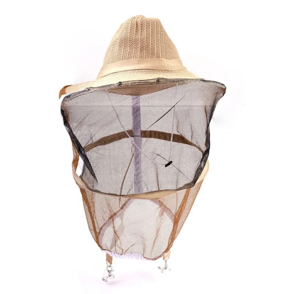 Beekeeper hat with veil BBE-CWH-2, rear view of ventilated mesh skirt and chin cord.