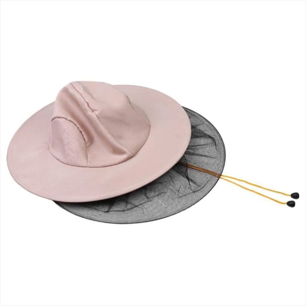 Beekeeper hat with veil shown foldable and pack-flat with drawcords, beginner kit friendly