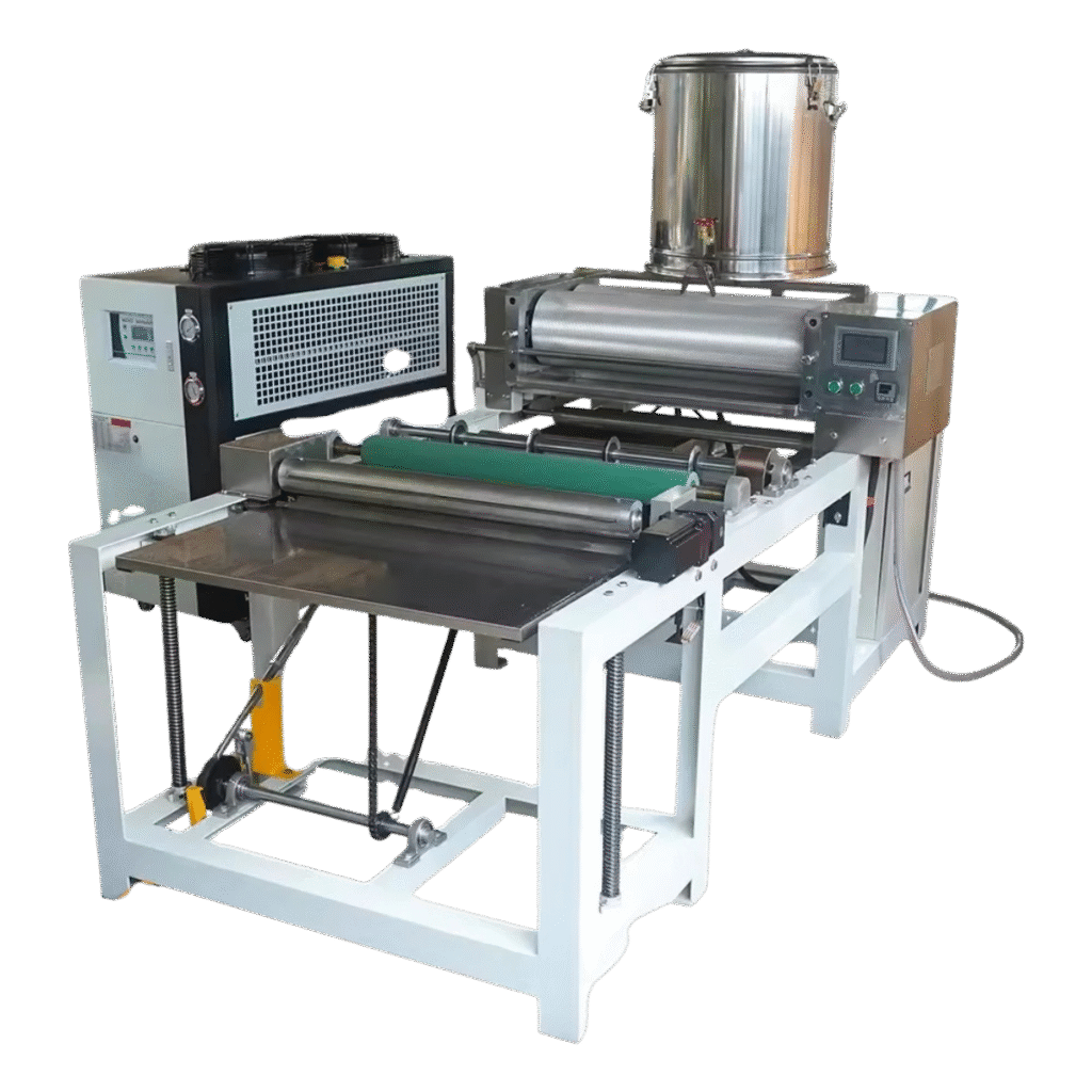 Automatic beeswax foundation machine BBE-BWF-3, front angled view showing aluminum embossing roller, wax inlet tank and stainless steel worktable for continuous foundation sheet making.