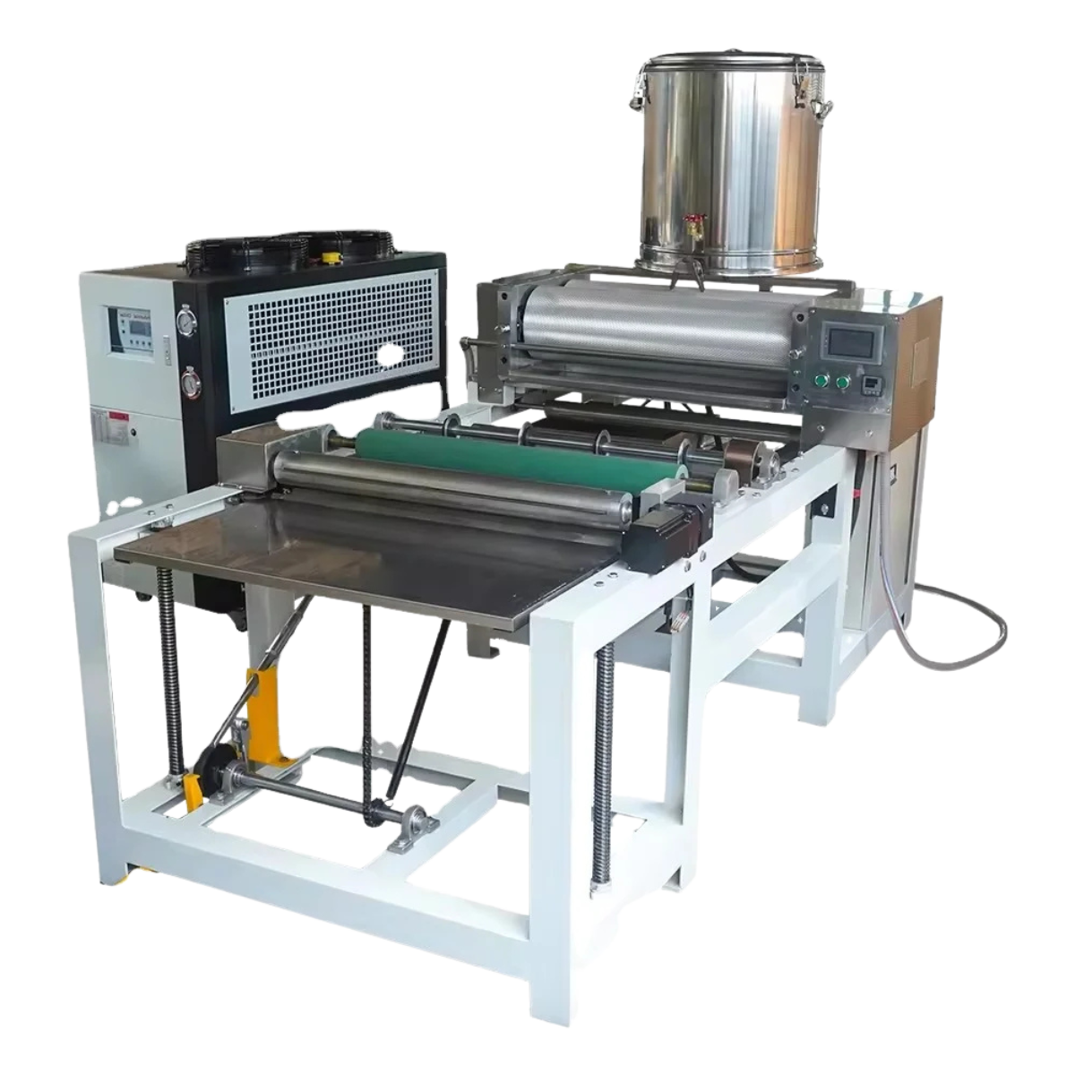 Automatic beeswax foundation machine BBE-BWF-3, front angled view showing aluminum embossing roller, wax inlet tank and stainless steel worktable for continuous foundation sheet making.