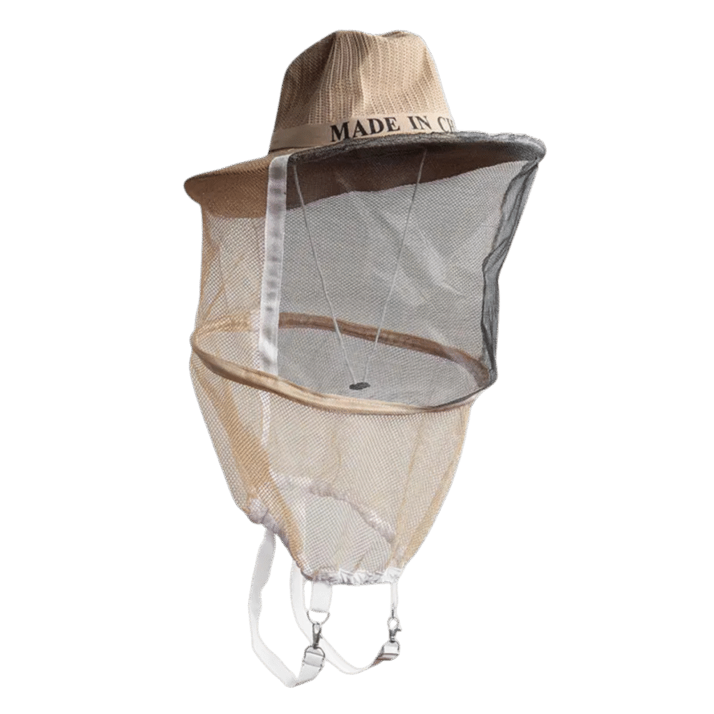 Breathable beekeeping hat with round veil BBE-CWH-2, front angled view showing woven crown and clip straps.