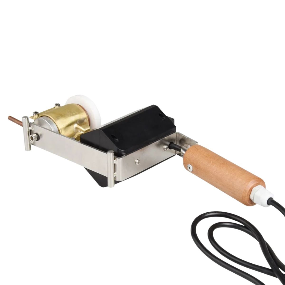 Cordless beehive vaporizer back view showing stainless frame, wood handle and copper stem — fast Varroa control device