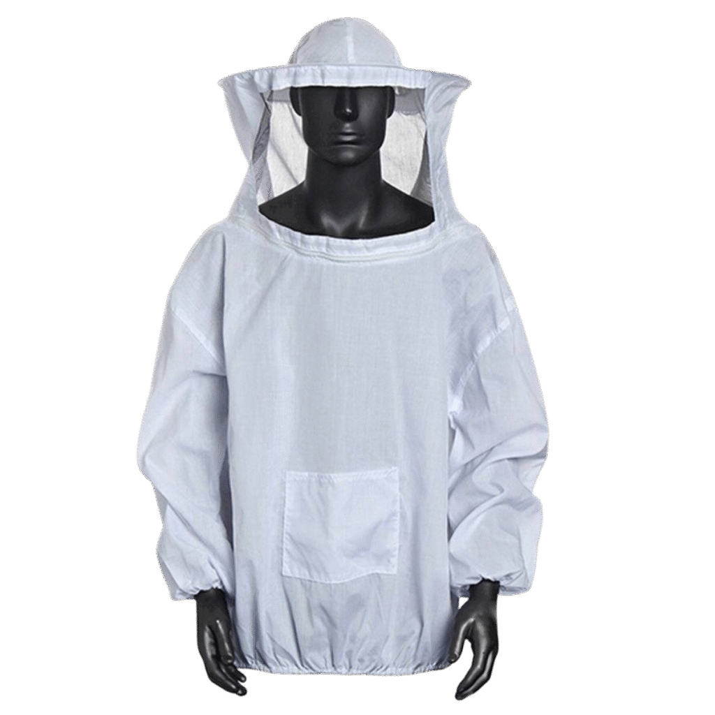 White cotton beekeeping jacket with round veil BBE-CS101 front view—affordable beginner beekeeper smock.