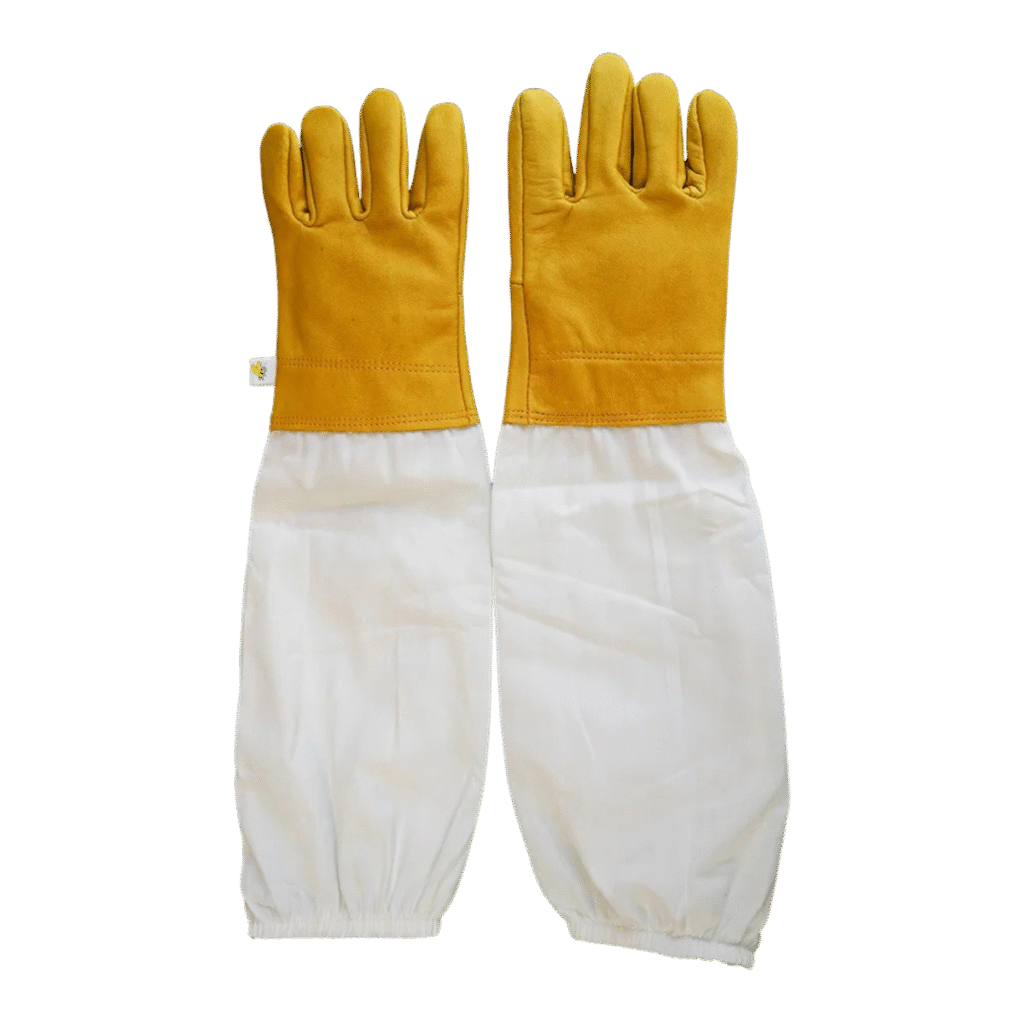 Pair of sheepskin beekeeping gloves with long white canvas sleeves and elastic cuffs, model BBE-SBG-02