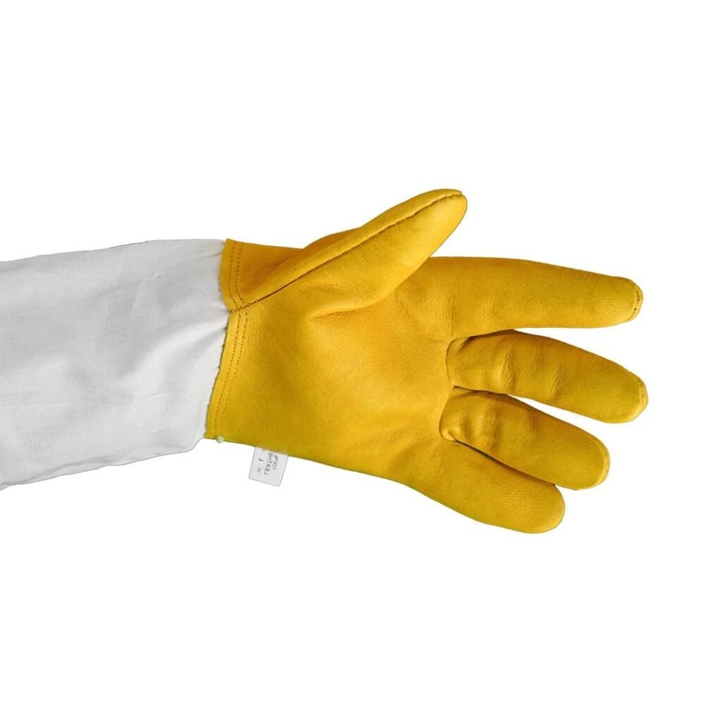 Single long sleeve beekeeping glove worn on arm, yellow sheepskin palm and elastic cuff