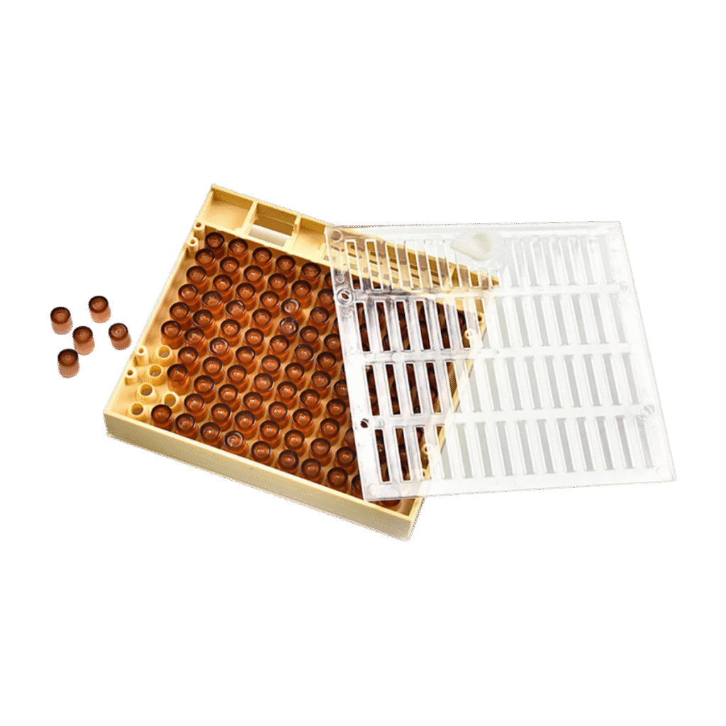 Open Nicot queen rearing kit BBE-QRK-3 with brown cell cups for graft-free queen rearing