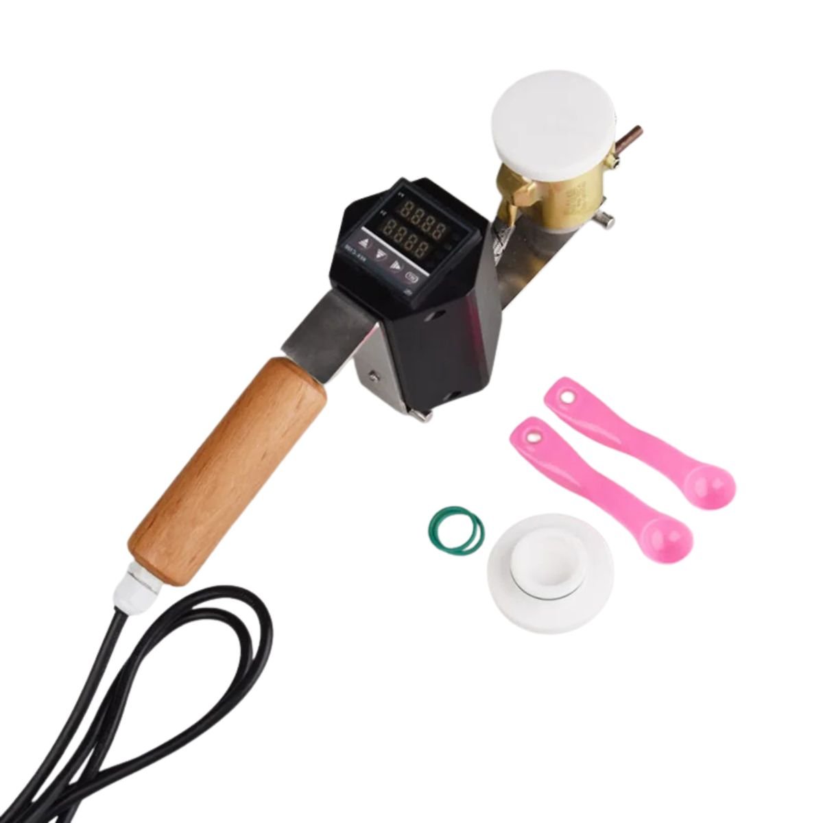 Portable Varroa mite fogger with ceramic lid on copper bowl, dosing spoons and 12V cord — organic mite treatment tool